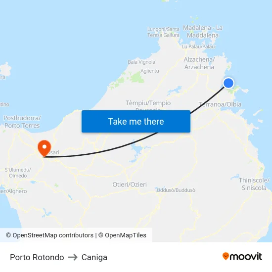 Porto Rotondo to Caniga map