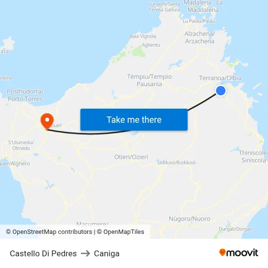 Pedres Castle to Caniga map