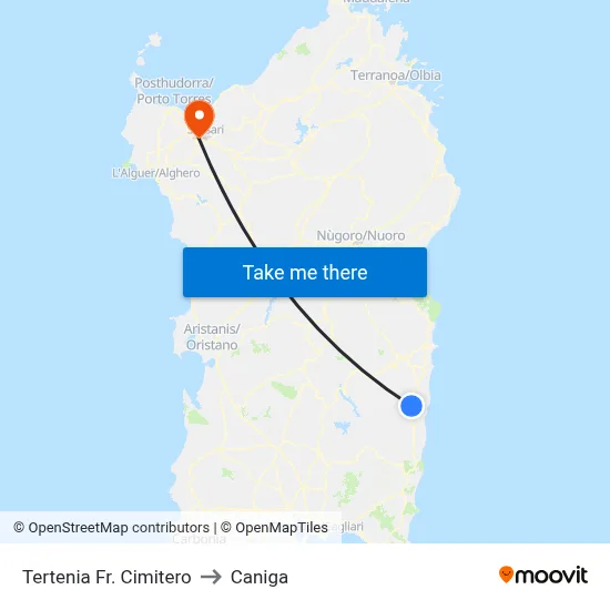 Tertenia Cemetery to Caniga map