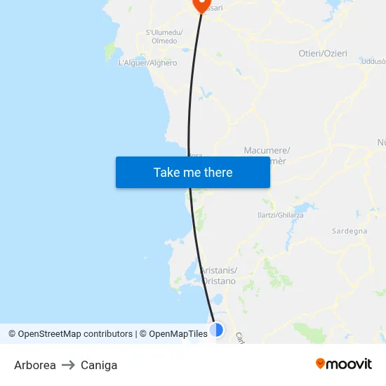 Arborea to Caniga map