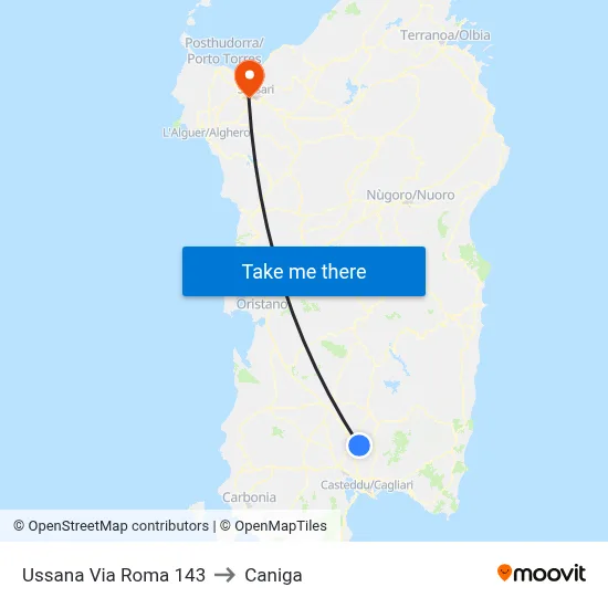 Ussana Roma Street 143 to Caniga map