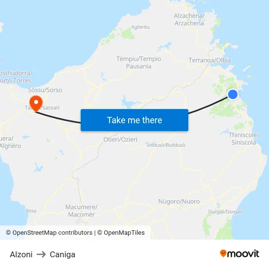 Alzoni to Caniga map