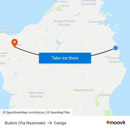 Budoni (National Street) to Caniga map