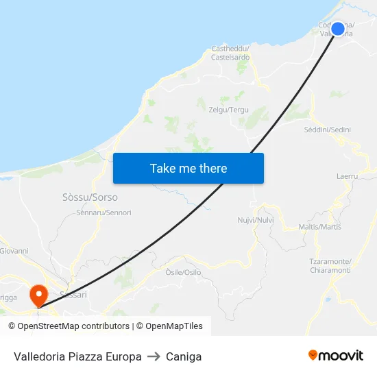 Valledoria Europa Square to Caniga map