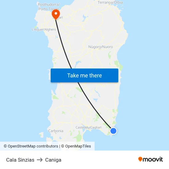 Cala Sinzias to Caniga map