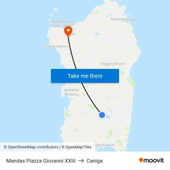 Mandas John XXIII Square to Caniga map