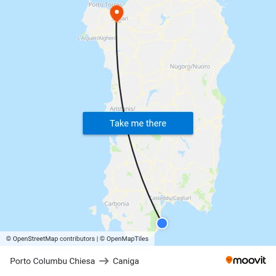 Porto Columbu Church to Caniga map