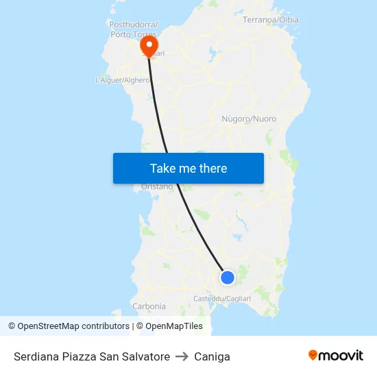 Serdiana San Salvatore Square to Caniga map
