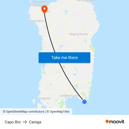 Capo Boi to Caniga map