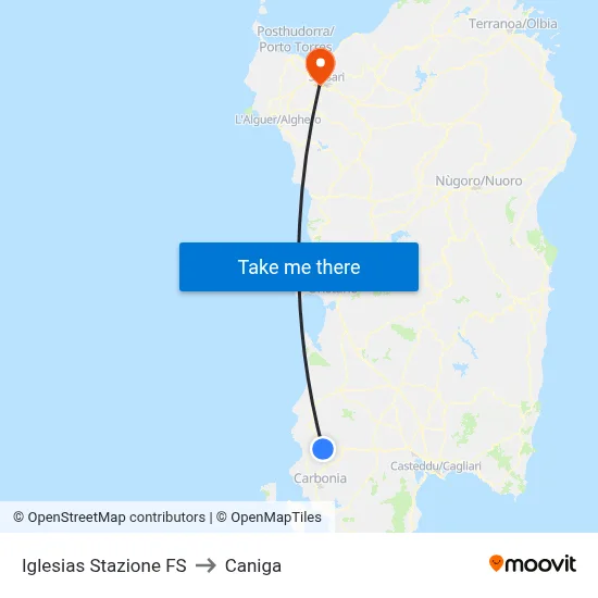 Iglesias Railway Station to Caniga map