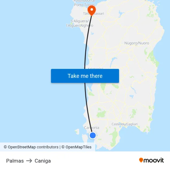 Palmas to Caniga map