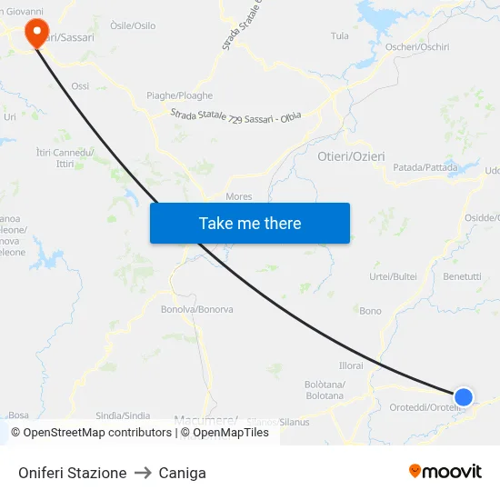 Oniferi Station to Caniga map