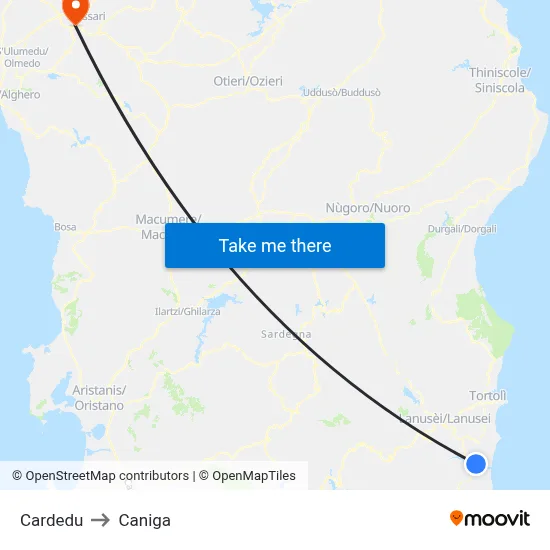 Cardedu to Caniga map