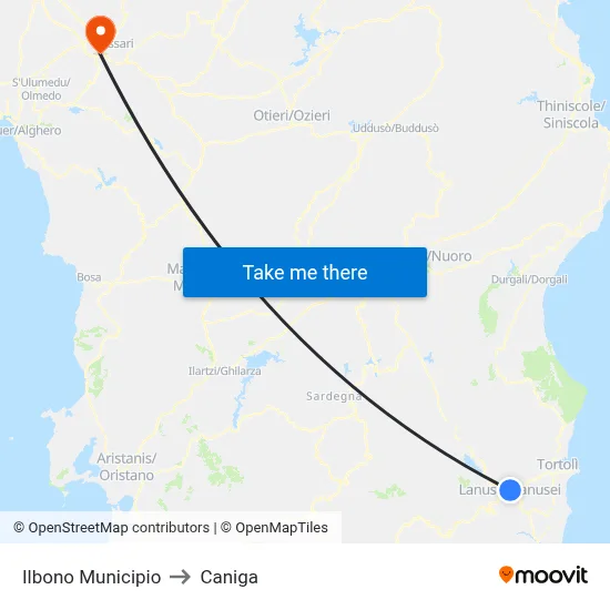 Ilbono Town Hall to Caniga map