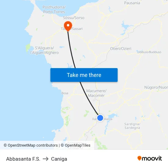 Abbasanta Railway Station to Caniga map
