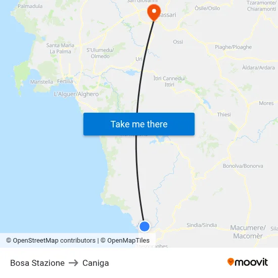Bosa Station to Caniga map