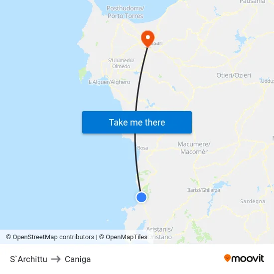 S'Archittu to Caniga map