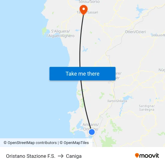 Oristano Railway Station to Caniga map