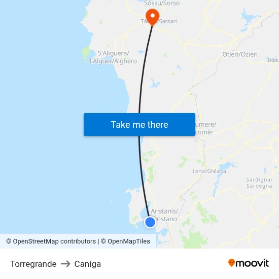 Torregrande to Caniga map