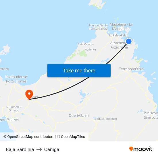 Baja Sardinia to Caniga map