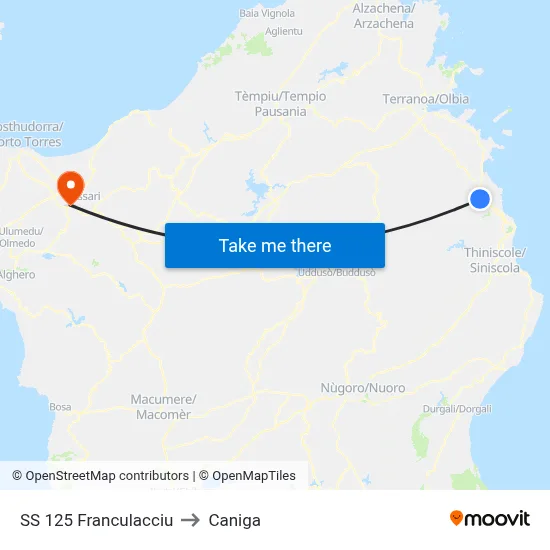 Highway 125 Franculacciu to Caniga map
