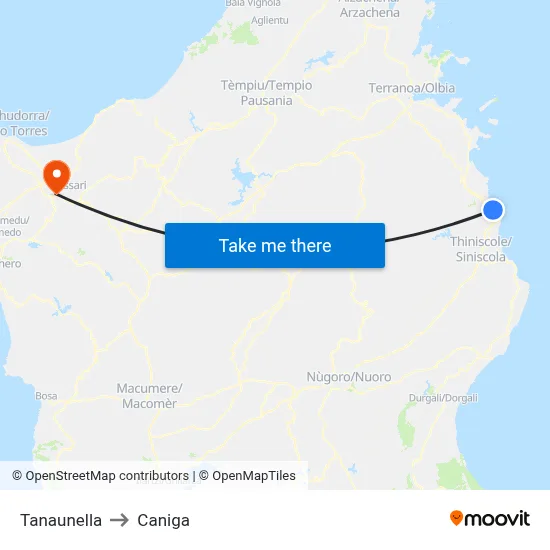 Tanaunella to Caniga map