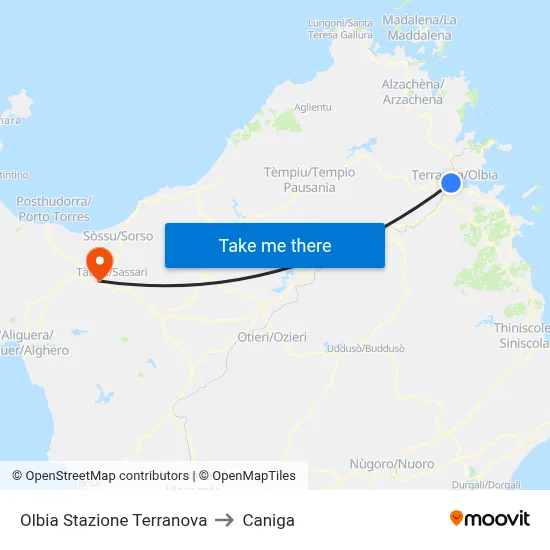 Olbia Stazione Terranova to Caniga map