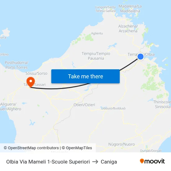 Olbia Via Mameli 1-High Schools to Caniga map