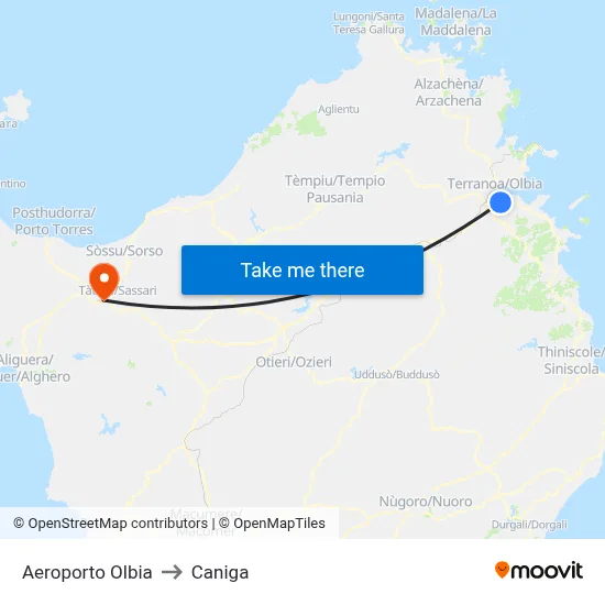 Olbia Airport to Caniga map