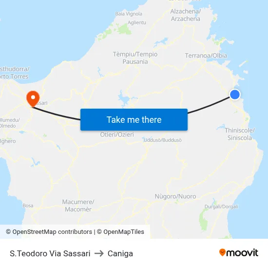 San Teodoro Sassari Street to Caniga map