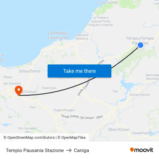 Tempio Pausania Station to Caniga map