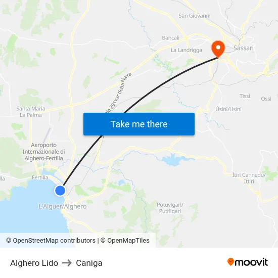 Alghero Beach to Caniga map
