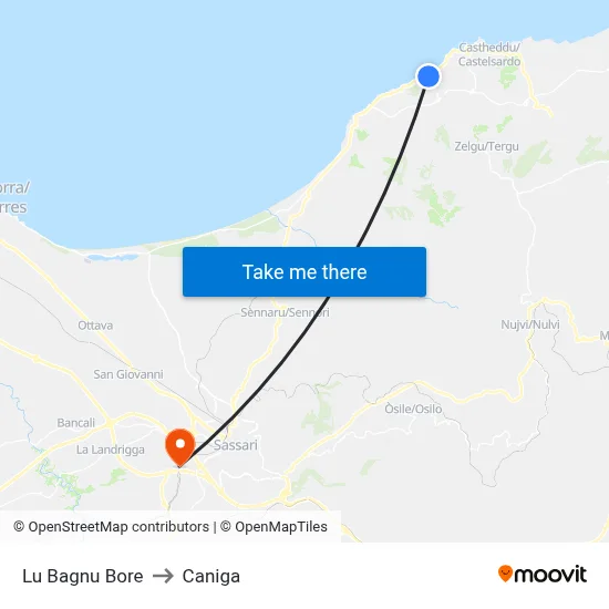 Lu Bagnu Bore to Caniga map