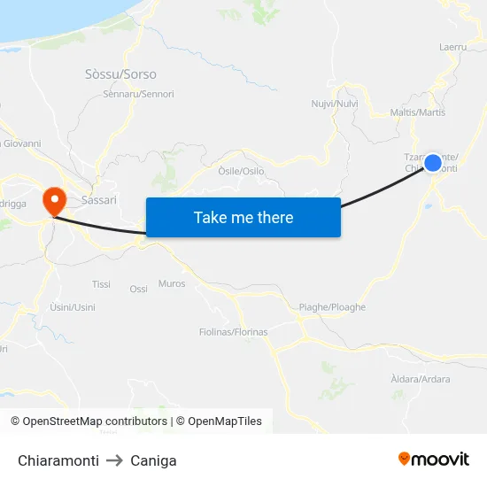 Chiaramonti to Caniga map