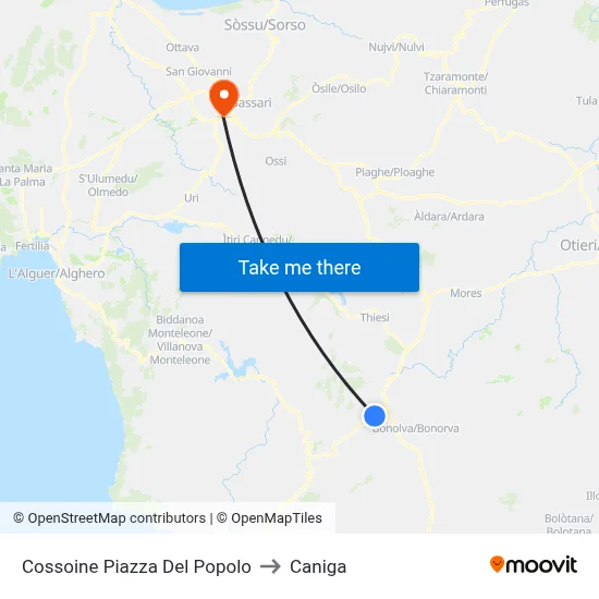 Cossoine Piazza Del Popolo to Caniga map
