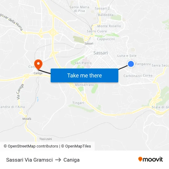 Sassari Via Gramsci to Caniga map