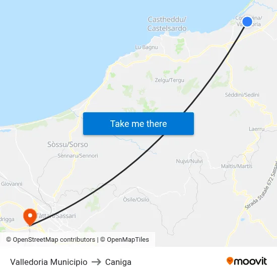 Valledoria Town Hall to Caniga map