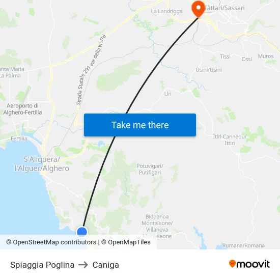 Poglina Beach to Caniga map