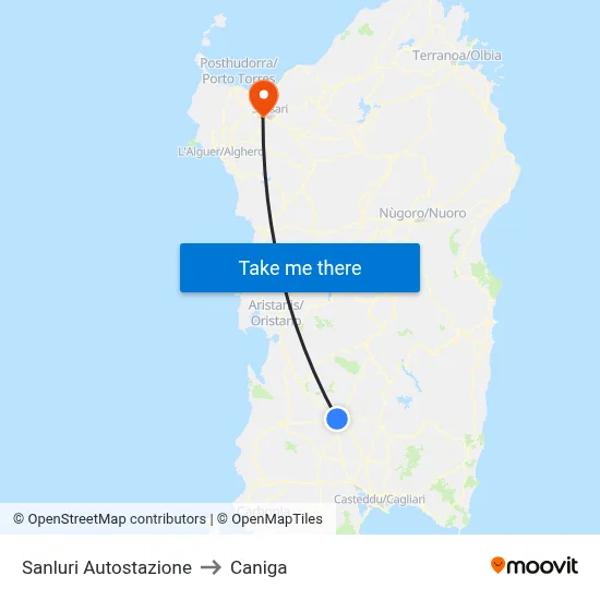 Sanluri Bus Station to Caniga map