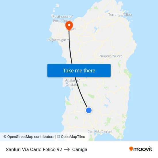 Sanluri Carlo Felice Street 92 to Caniga map