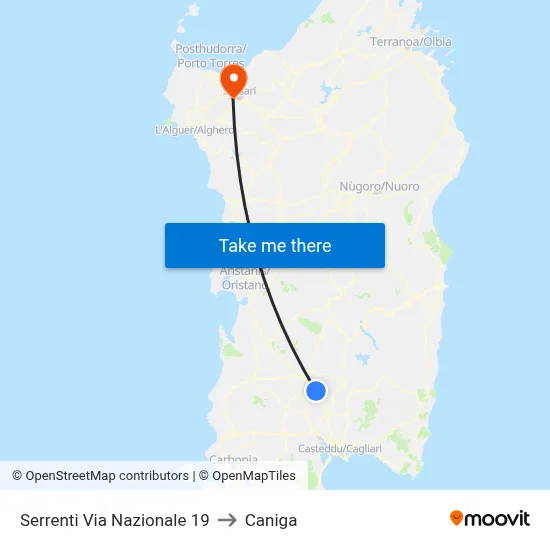 Serrenti National Street 19 to Caniga map