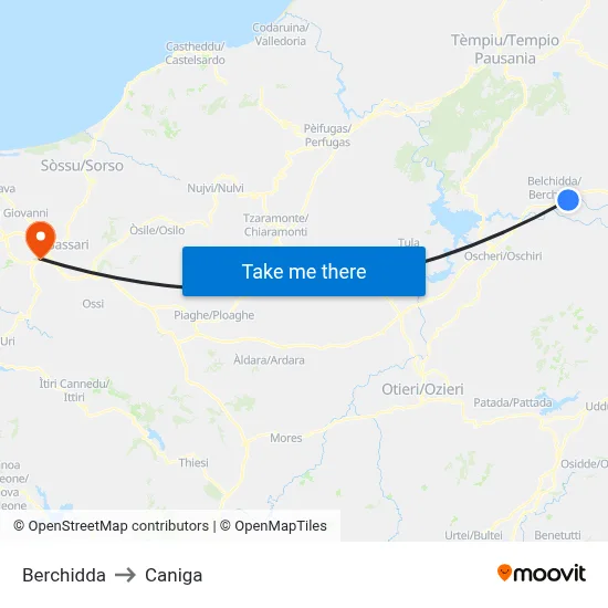 Berchidda to Caniga map