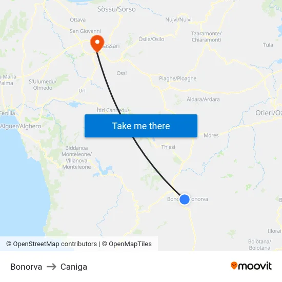 Bonorva to Caniga map