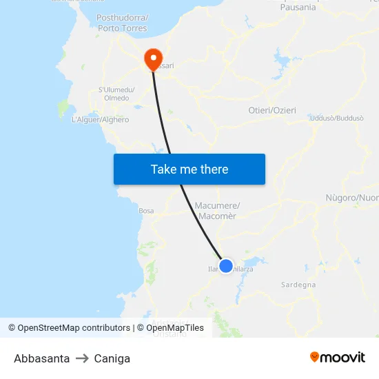 Abbasanta to Caniga map