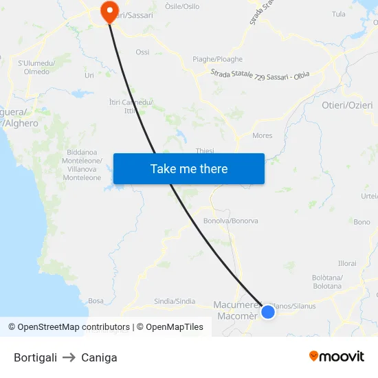 Bortigali to Caniga map