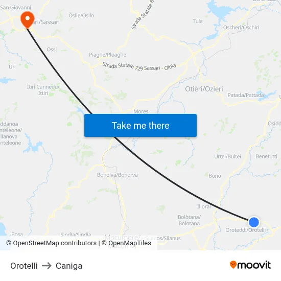 Orotelli to Caniga map