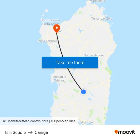 Isili Schools to Caniga map