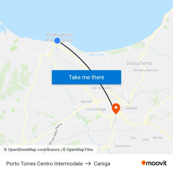Porto Torres Intermodal Center to Caniga map