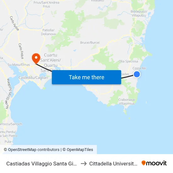 Castiadas Santa Giusta Village to University Campus map