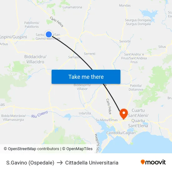 San Gavino (Hospital) to University Campus map